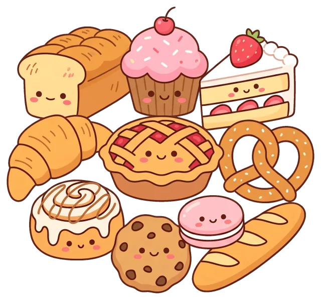 Cute bakery collection with smiling pastries and breads