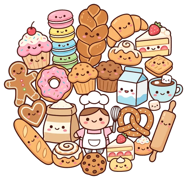 Cute bakery collection with smiling pastries and chef