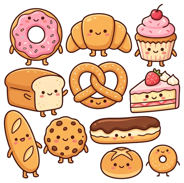 Cute bakery collection with smiling pastries and desserts