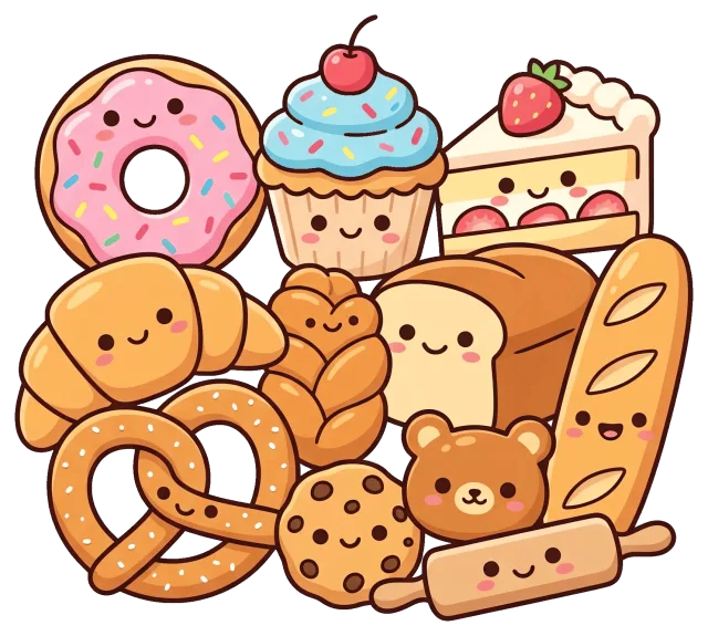 Cute bakery collection with smiling pastries and desserts