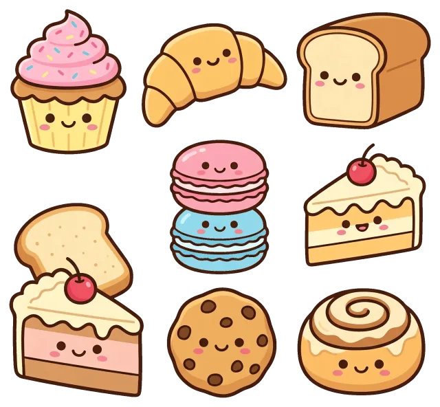 Cute bakery collection with smiling pastries and desserts
