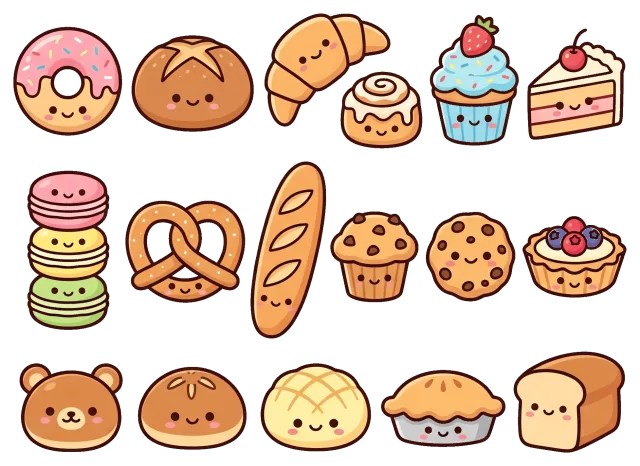 Cute bakery collection with smiling pastries and desserts