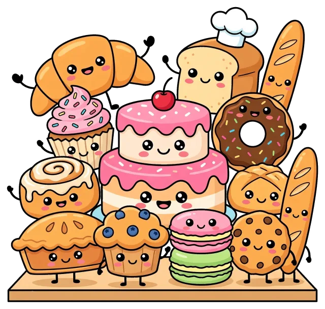 Cute bakery collection with smiling pastries and desserts