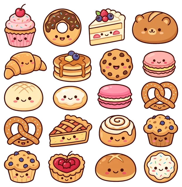 Cute bakery collection with smiling pastries and desserts