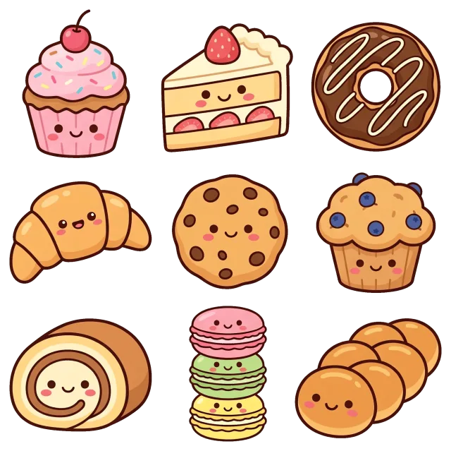 Cute bakery collection with smiling pastries and desserts