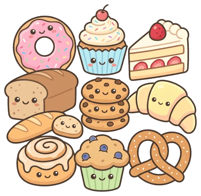 Cute bakery collection with smiling pastries and desserts
