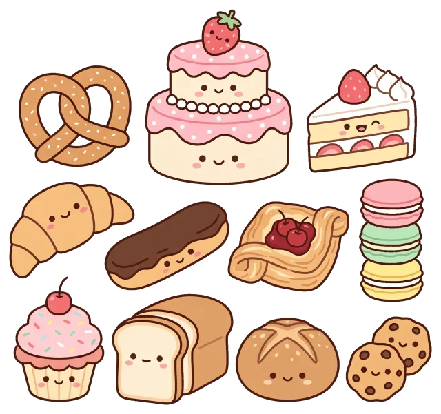 Cute bakery collection with smiling pastries and desserts