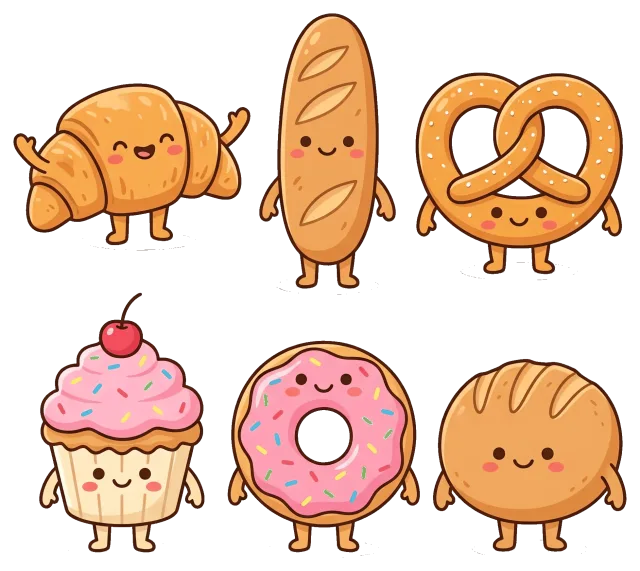 Cute bakery collection with smiling pastries and sweets