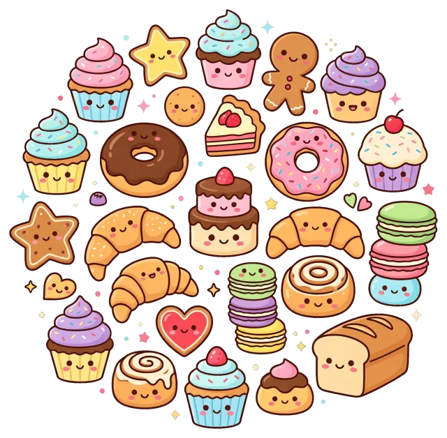 Cute bakery collection with smiling pastries and sweets