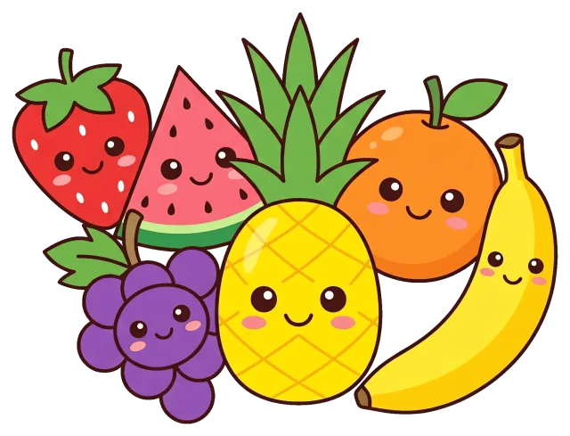 Cute Cartoon Fruit Characters with Smiling Faces