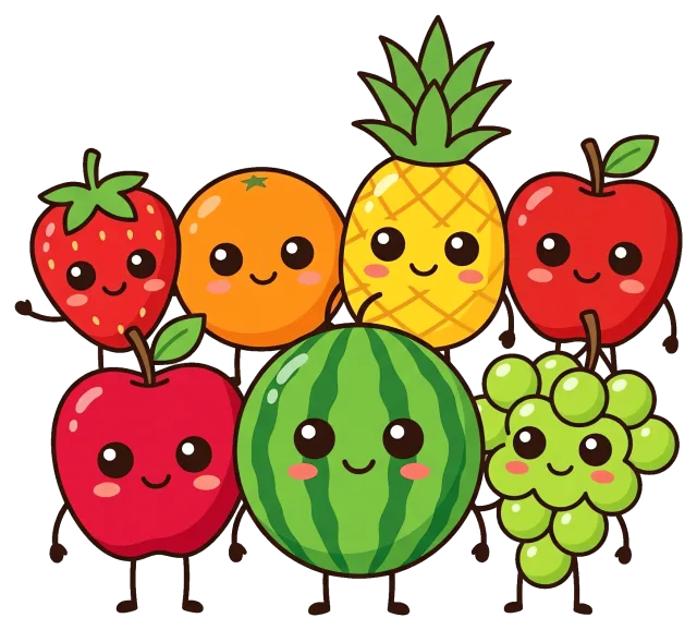 Cute cartoon fruit characters with smiling faces