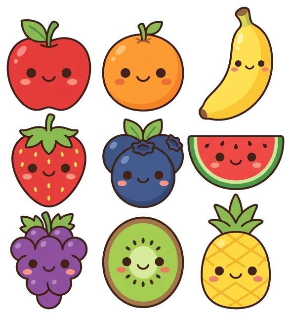 Cute cartoon fruit characters with smiling faces
