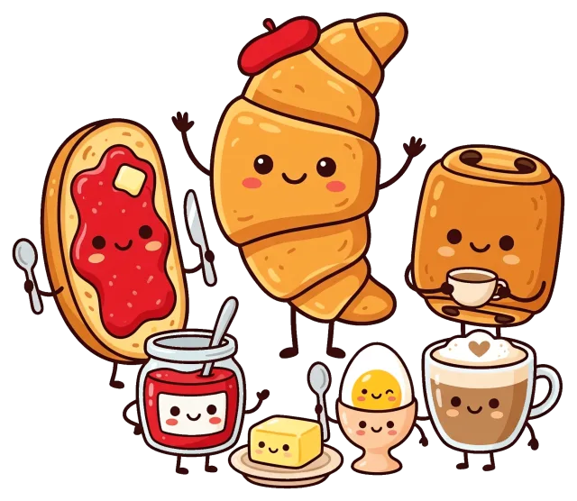 Cute French Breakfast Foods with Faces and Accessories