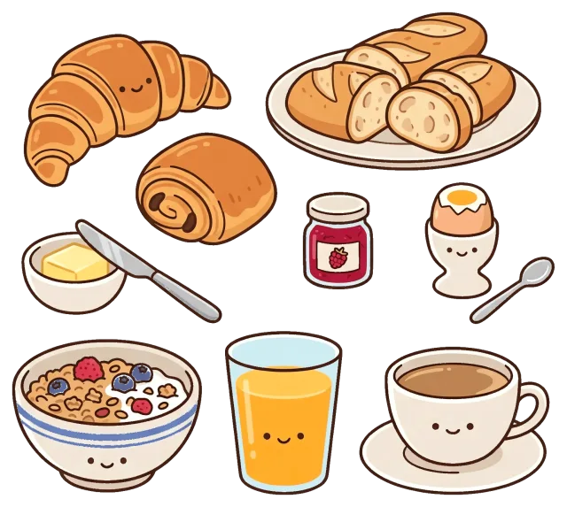 Cute French Breakfast Foods with Smiling Faces