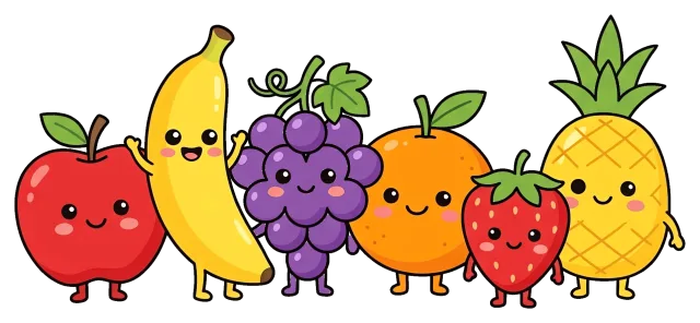 Cute Fruit Characters Displayed Centered with Smiling Faces