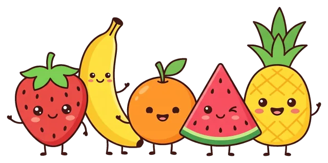 Cute Fruit Characters on Grey Background