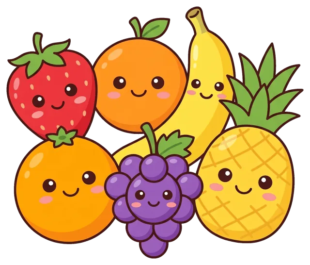 Cute Fruit Characters Standing Together with Smiling Faces