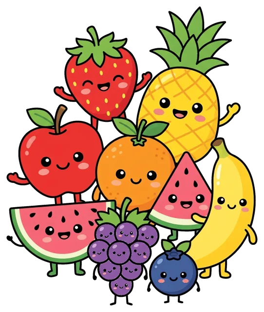 Cute Fruit Characters Standing Together with Smiling Faces