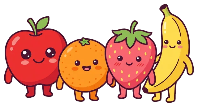Cute fruit characters standing with happy faces