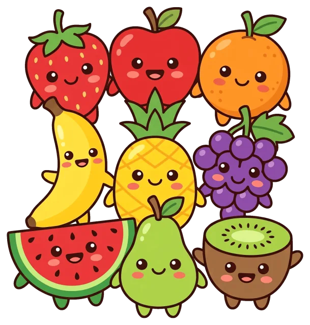 Cute Fruit Characters with Smiling Faces