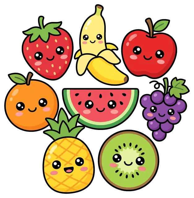 Cute fruit characters with smiling faces