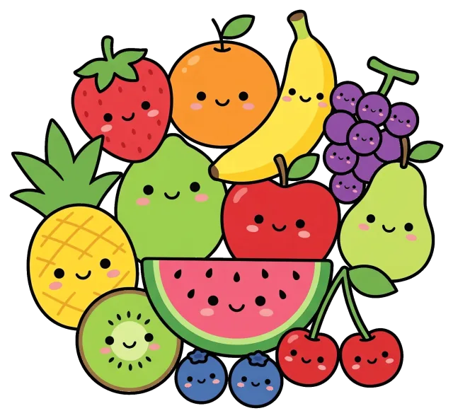Cute fruit characters with smiling faces