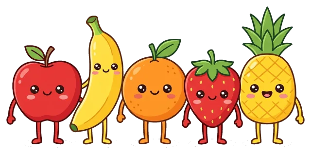 Cute fruit characters with smiling faces and limbs