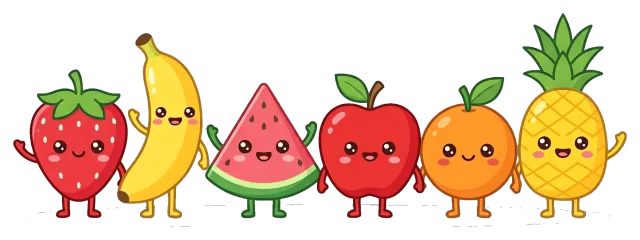 Cute Fruit Characters with Smiling Faces Centered in a Row