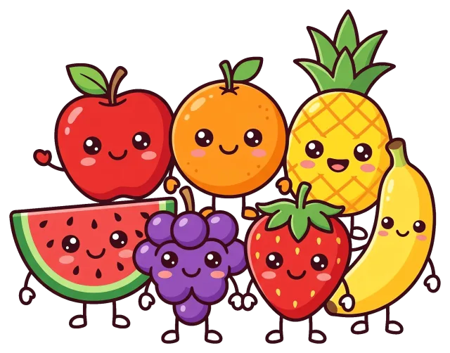 Cute fruit characters with smiling faces on green background