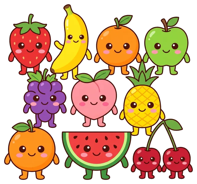 Cute Fruit Characters with Smiling Faces on Grey