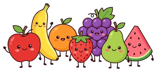 Cute Fruit Characters with Smiling Faces on Grey Background