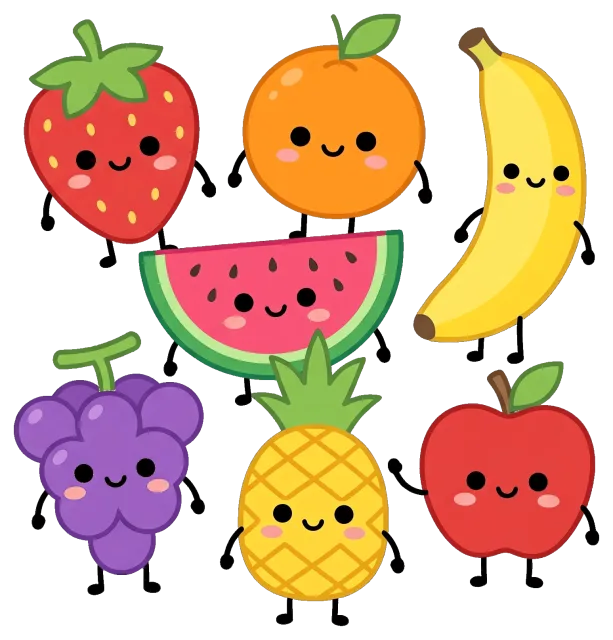 Cute Fruit Characters with Smiling Faces on Grey Background