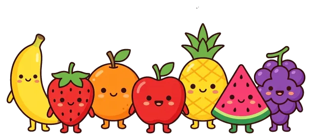 Cute Fruit Characters with Smiling Faces on Grey Background
