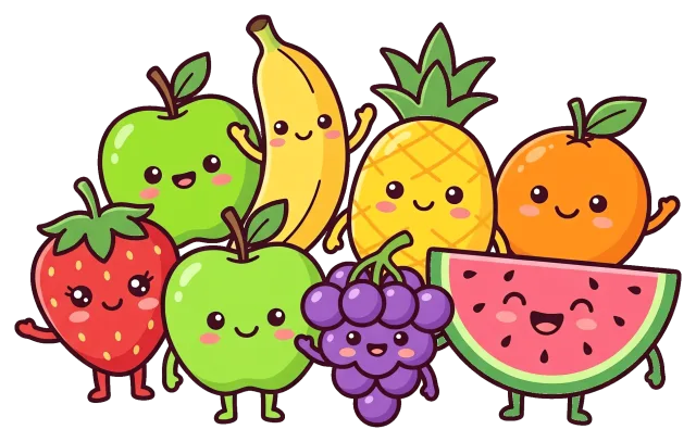 Cute fruit characters with smiling faces on grey background