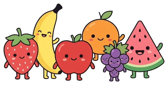 Cute Fruit Characters with Smiling Faces on Grey Background