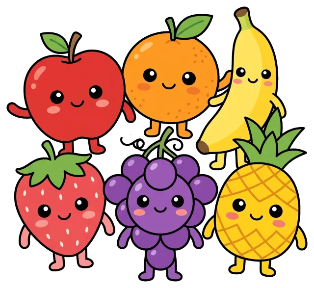 Cute Fruit Characters with Smiling Faces on Grey Background