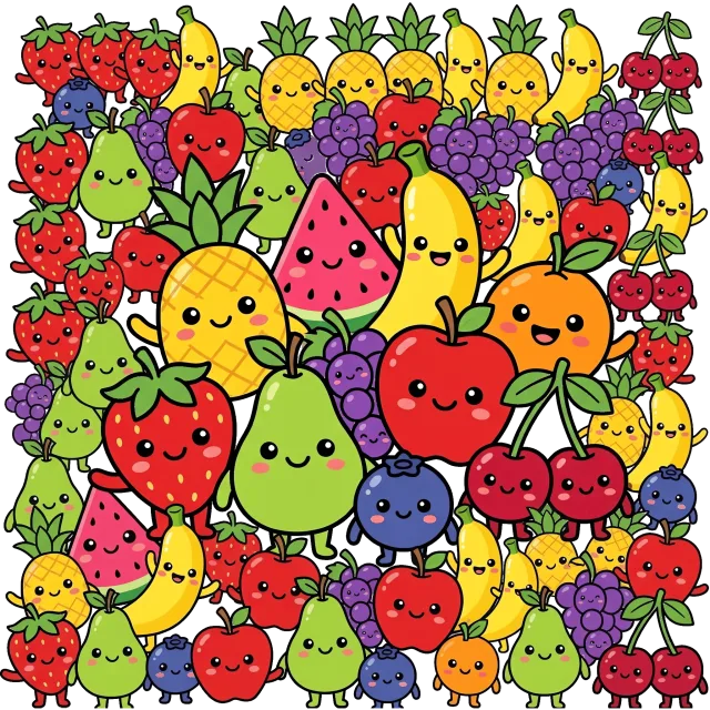Cute Fruit Characters with Smiling Faces on Grey Background