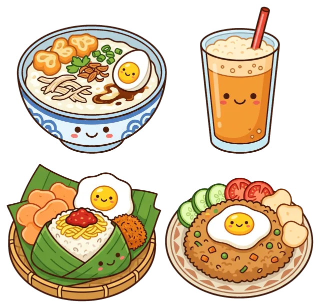 Cute Indonesian Breakfast Foods with Smiling Faces and Drink
