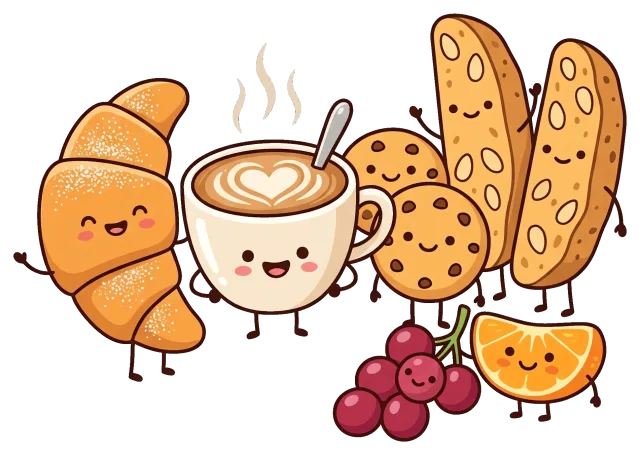 Cute Italian Breakfast Foods with Coffee and Fruit