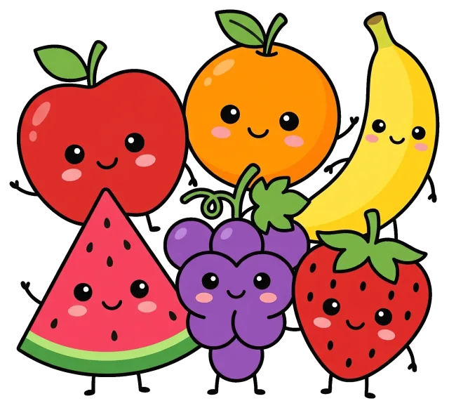 Fruit characters centered on black background with smiling faces
