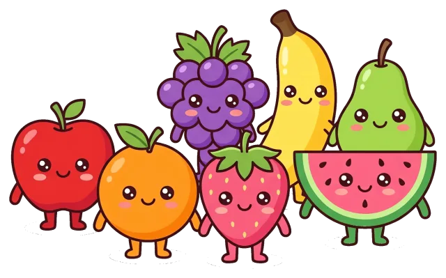 Fruit characters standing centered with smiling faces