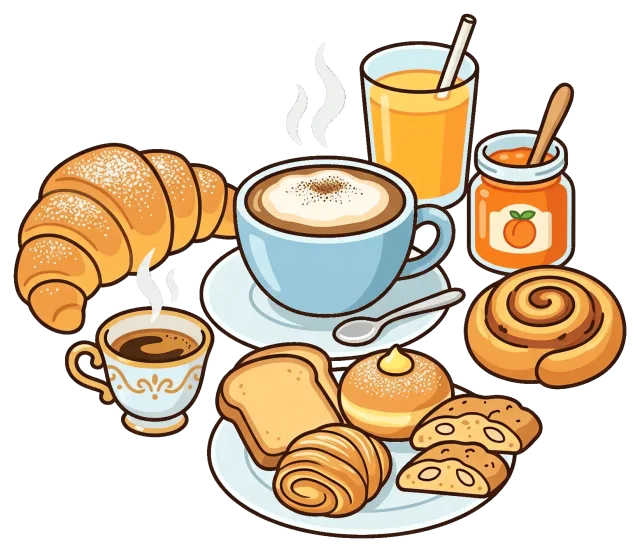 Italian breakfast foods displayed with coffee and pastries
