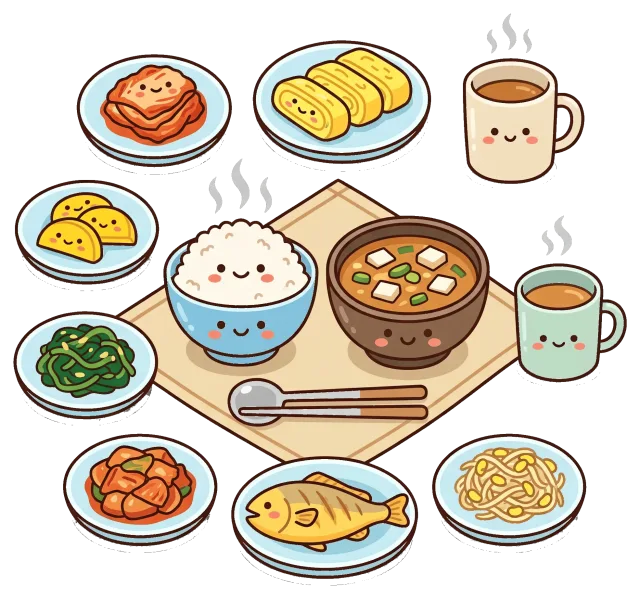 Korean breakfast foods with rice, soup, and side dishes