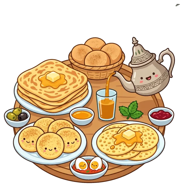 Moroccan Breakfast Foods with Tea and Traditional Dishes