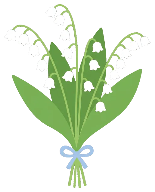 Bouquet of lily of the valley flowers with green leaves and blue ribbo
