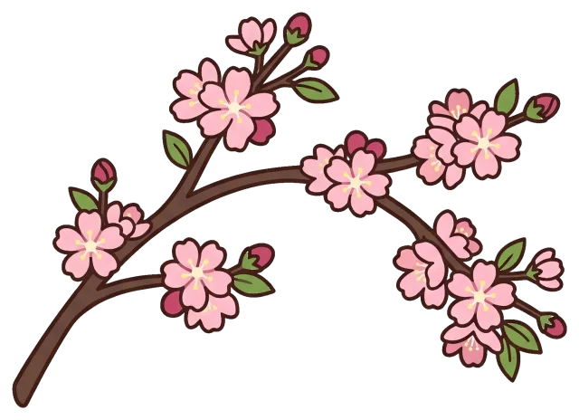 Cherry blossom branch with pink flowers and green leaves
