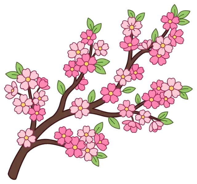 Cherry blossom branch with pink flowers and green leaves