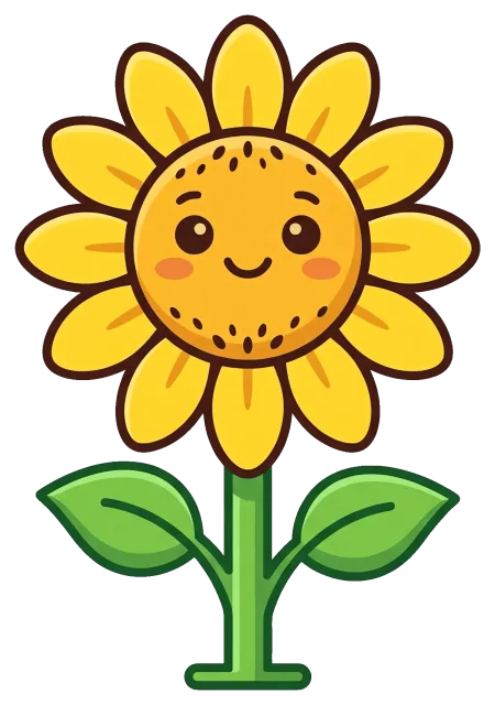 Cute cartoon sunflower with smiling face on grey background