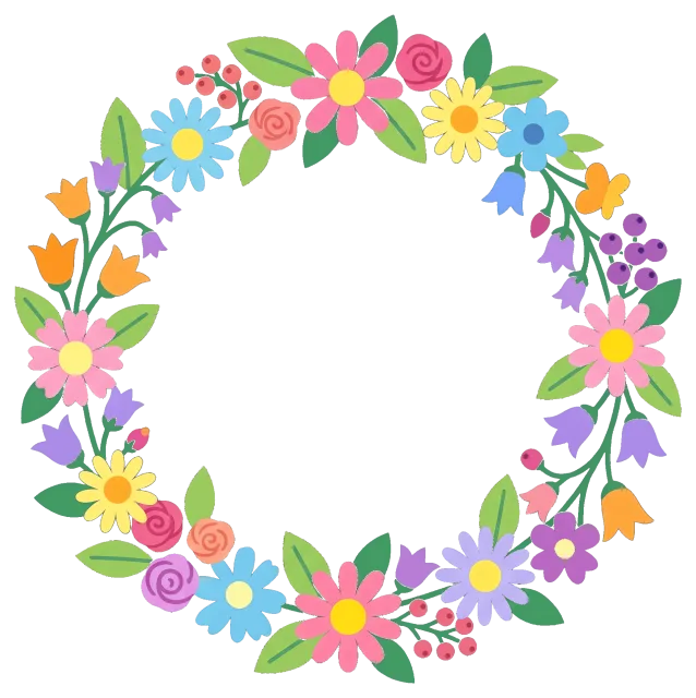Cute colorful floral wreath with various flowers and leaves