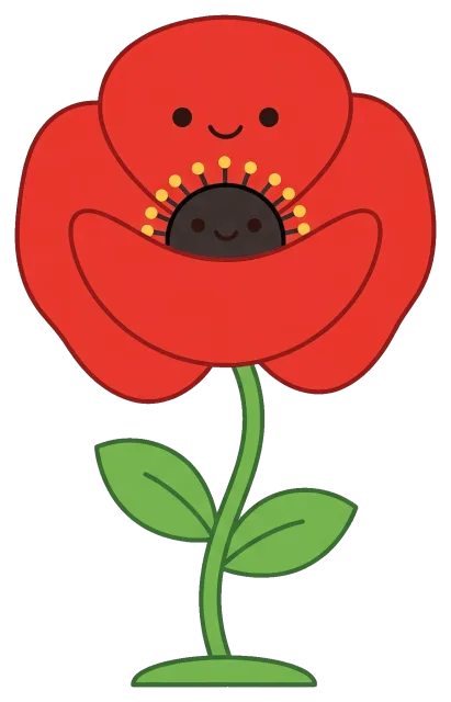 Cute smiling red poppy flower with green stem and leaves